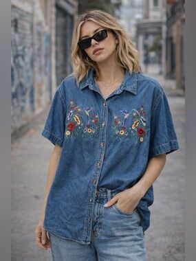 Vintage Floral Embroidered Denim Button Shirt | Y2K | Cottagecore